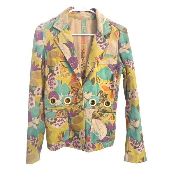 Etro Milano Womens Floral Blazer Size Sm 40 Colorful Suede Leather Made In Italy
